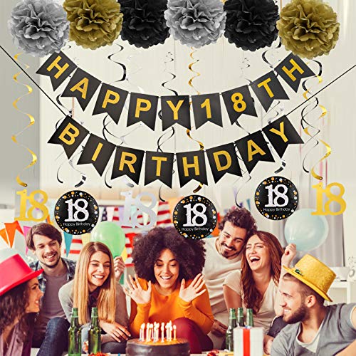 Luxiocio Happy 18th Birthday Party Decorations Supplies Kit - 19Pcs - 1Pcs Happy 18th Birthday Banner, 12Pcs Sparkling Hanging Swirl, 6Pcs Poms - 18 Year Old Birthday Decorations for Girls & Boys