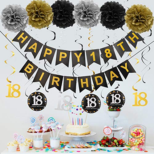 Luxiocio Happy 18th Birthday Party Decorations Supplies Kit - 19Pcs - 1Pcs Happy 18th Birthday Banner, 12Pcs Sparkling Hanging Swirl, 6Pcs Poms - 18 Year Old Birthday Decorations for Girls & Boys