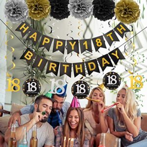 Luxiocio Happy 18th Birthday Party Decorations Supplies Kit - 19Pcs - 1Pcs Happy 18th Birthday Banner, 12Pcs Sparkling Hanging Swirl, 6Pcs Poms - 18 Year Old Birthday Decorations for Girls & Boys