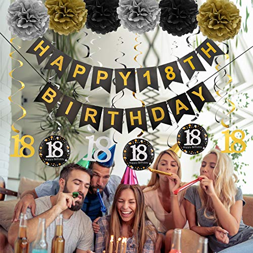 Luxiocio Happy 18th Birthday Party Decorations Supplies Kit - 19Pcs - 1Pcs Happy 18th Birthday Banner, 12Pcs Sparkling Hanging Swirl, 6Pcs Poms - 18 Year Old Birthday Decorations for Girls & Boys