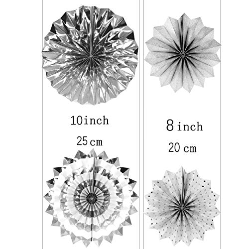 AKIO CRAFT Silver Wedding Party Hanging Paper Fans Decorations Bachelorette Bridal Shower Party Ceiling Hangings Baby Shower Birthday Nursery Party Decorations, 8pc