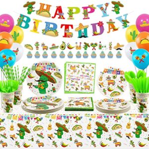 226 PCS Mexican Themed Fiesta Party Supplies - Paper Plates, Cups, Napkins, Straws Forks Knives Spoons, Balloon, Tablecloth, HAPPY BIRTHDAY Banner for Cinco de Mayo Disposable Tableware Set, Serves 24