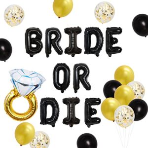 bachelorette party decorations black and gold – black bride or die balloon banner diamond ring foil balloon for funny bachelorette hen engagement party bridal shower supplies