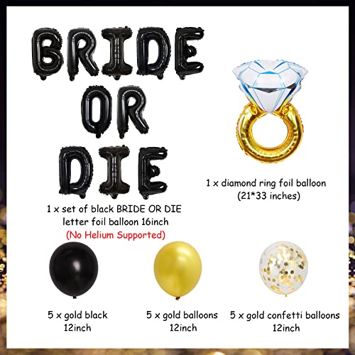 Bachelorette Party Decorations Black and Gold - Black Bride or Die Balloon Banner Diamond Ring Foil Balloon for Funny Bachelorette Hen Engagement Party Bridal Shower Supplies