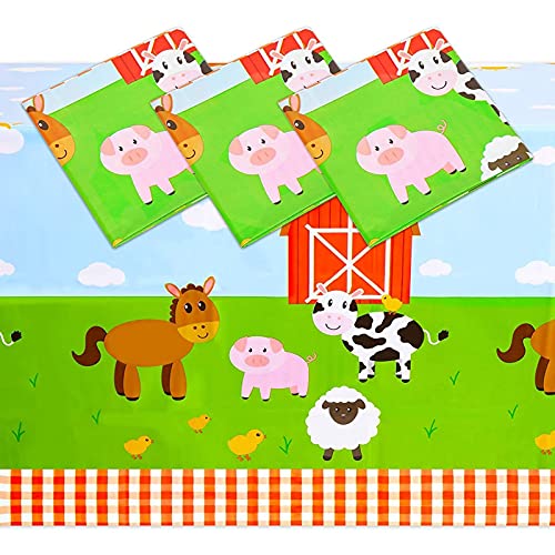 BLUE PANDA Farm Animal Birthday Party Tablecloth for Barnyard Decorations (54 x 108 in, 3 Pack)