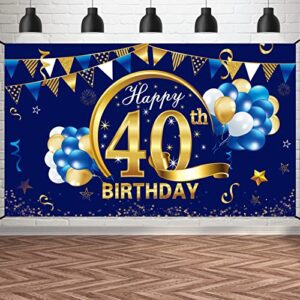 kauayurk happy 40th birthday banner decorations for men – blue gold 40 backdrop party supplies forty year old photo background sign decor, blue 40th