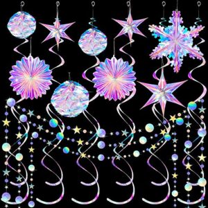37 pieces home iridescent holographic iridescent party supplies kit christmas snowflake hanging honeycomb ball decorative christmas party paper fan snowflake garlands star hanging swirl for disco