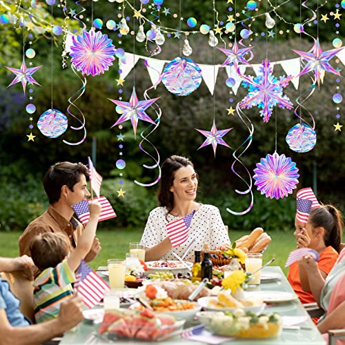 37 Pieces Home Iridescent Holographic Iridescent Party Supplies Kit Christmas Snowflake Hanging Honeycomb Ball Decorative Christmas Party Paper Fan Snowflake Garlands Star Hanging Swirl for Disco