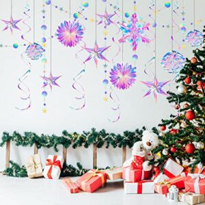 37 Pieces Home Iridescent Holographic Iridescent Party Supplies Kit Christmas Snowflake Hanging Honeycomb Ball Decorative Christmas Party Paper Fan Snowflake Garlands Star Hanging Swirl for Disco