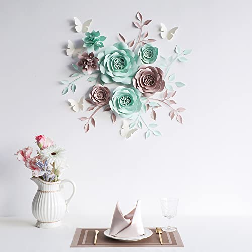 Fonder Mols Large 3D Paper Flowers Decorations for Wall (Mint & Gray, Set of 17), Nursery Decor, Wedding, Party Backrop, Bridal Shower Centerpiece, Monogram, Handmade & Assembled