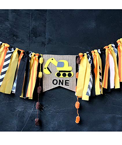 Construction Themed Highchair Banner for First Birthday Smash Cake Photo Shoot,Party Supplies and Decorations for Baby Boy's 1st Year Bday,Chair Garland for Picture Backdrop,Pre-assembles No Need DIY