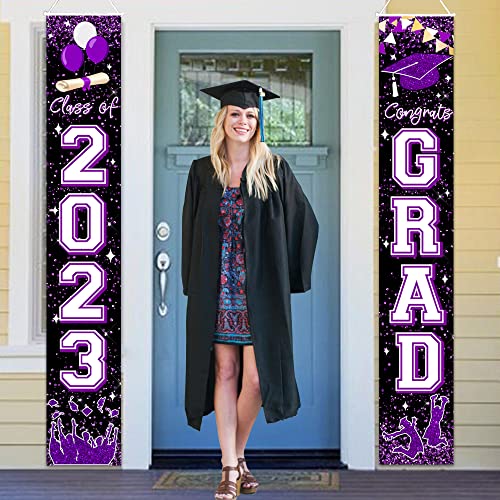 Class of 2023 Banner Purple Graduation Party Decorations Congrats Grad Banner Hanging Door Porch Signs for 2023 University and Senior High School Graduation Decorations