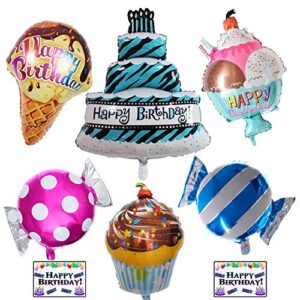 Happy Birthday Large Foil Balloon set - (6 pack) Cake, cupcake, ice cream cone, ice cream bowl, pink candy, blue candy by Par-T