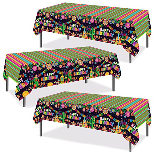 PHOGARY 3 PCS Fiesta Tablecloths for Mexican Themed Birthday Party Decorations, Fiesta Party Decorations Plastic Tablecovers for Mexicana Taco Night, Cinco De Mayo, Colourful Stripes 51" x108"