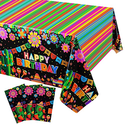 PHOGARY 3 PCS Fiesta Tablecloths for Mexican Themed Birthday Party Decorations, Fiesta Party Decorations Plastic Tablecovers for Mexicana Taco Night, Cinco De Mayo, Colourful Stripes 51" x108"