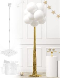 house of party diy balloon topiary stand – balloon holder with white balloons & gold foil curtain, centerpiece balloon column for wedding & engagement decorations