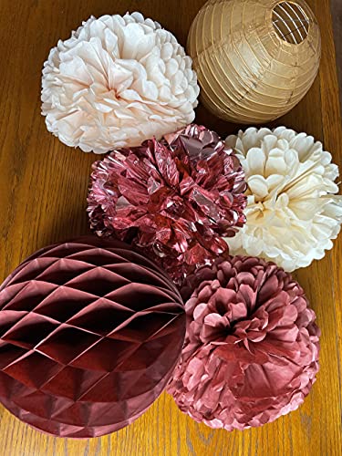 Burgundy Brown Hanging Party Decorations - Tissue Paper Flowers Lantern and Honeycomb Wine Red Champagne for Fall Wedding Bridal Bachelorette Birthday Decor