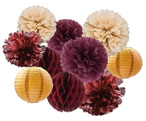 burgundy brown hanging party decorations – tissue paper flowers lantern and honeycomb wine red champagne for fall wedding bridal bachelorette birthday decor