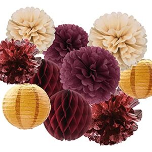 Burgundy Brown Hanging Party Decorations - Tissue Paper Flowers Lantern and Honeycomb Wine Red Champagne for Fall Wedding Bridal Bachelorette Birthday Decor