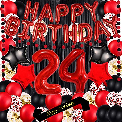 Red 24TH Birthday Party Decorations Supplies Red theme 16inch Red Foil Happy Birthday Balloons Banner Happy Birthday sash Foil Black Curtains Foil Balloons Number Red 24 Risehy