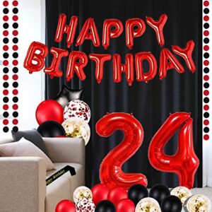 Red 24TH Birthday Party Decorations Supplies Red theme 16inch Red Foil Happy Birthday Balloons Banner Happy Birthday sash Foil Black Curtains Foil Balloons Number Red 24 Risehy