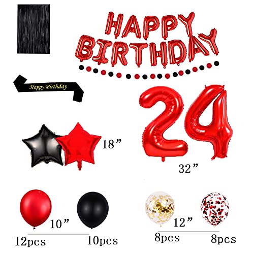 Red 24TH Birthday Party Decorations Supplies Red theme 16inch Red Foil Happy Birthday Balloons Banner Happy Birthday sash Foil Black Curtains Foil Balloons Number Red 24 Risehy