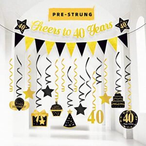 pre-strung 40th birthday banner, cheers to 40 years banner, happy 40th birthday hanging swirl ceiling decoration for men women him her, black gold 40 year old birthday party decor kit, 30pcs, vicycaty