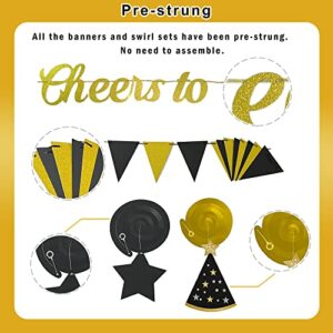 PRE-STRUNG 40th Birthday Banner, Cheers to 40 Years Banner, Happy 40th Birthday Hanging Swirl Ceiling Decoration for Men Women Him Her, Black Gold 40 Year Old Birthday Party Decor Kit, 30PCS, Vicycaty