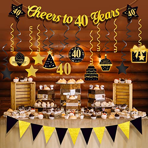 PRE-STRUNG 40th Birthday Banner, Cheers to 40 Years Banner, Happy 40th Birthday Hanging Swirl Ceiling Decoration for Men Women Him Her, Black Gold 40 Year Old Birthday Party Decor Kit, 30PCS, Vicycaty