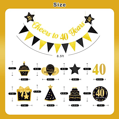 PRE-STRUNG 40th Birthday Banner, Cheers to 40 Years Banner, Happy 40th Birthday Hanging Swirl Ceiling Decoration for Men Women Him Her, Black Gold 40 Year Old Birthday Party Decor Kit, 30PCS, Vicycaty