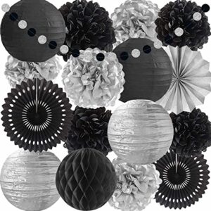 ansomo black and silver party decorations for birthday bridal baby shower wedding graduation wall hanging décor supplies tissue pom poms paper fans lanterns