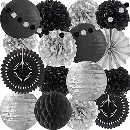 ANSOMO Black and Silver Party Decorations for Birthday Bridal Baby Shower Wedding Graduation Wall Hanging Décor Supplies Tissue Pom Poms Paper Fans Lanterns