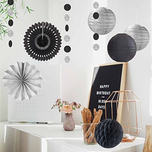 ANSOMO Black and Silver Party Decorations for Birthday Bridal Baby Shower Wedding Graduation Wall Hanging Décor Supplies Tissue Pom Poms Paper Fans Lanterns