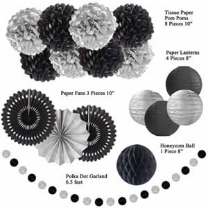 ANSOMO Black and Silver Party Decorations for Birthday Bridal Baby Shower Wedding Graduation Wall Hanging Décor Supplies Tissue Pom Poms Paper Fans Lanterns