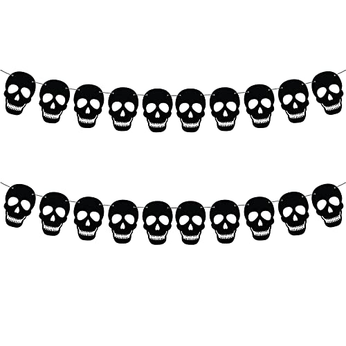 SaktopDeco 2 Pack Black Felt Skull Garland Banner Skeleton Garland Halloween Banne for Gothic Birthday Party Decorations DIY Home Decor