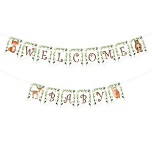 lavvicha baby shower welcome baby banner woodland animal jungle theme bunting party boys girls baby shower decorations (green)