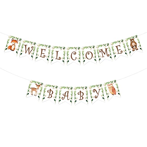 LAVVICHA Baby Shower Welcome Baby Banner Woodland Animal Jungle Theme Bunting Party Boys Girls Baby Shower Decorations (Green)