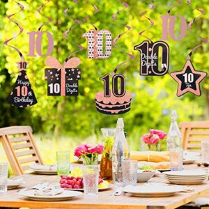 Excelloon 10th Birthday Decorations Supplies for Girls, Rose Gold 8Pcs Hanging Swirls, Happy 10 Year Old Birthday Cake Hat Present Star Party Decor, Ten Year Old Birthday Decorations