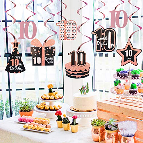 Excelloon 10th Birthday Decorations Supplies for Girls, Rose Gold 8Pcs Hanging Swirls, Happy 10 Year Old Birthday Cake Hat Present Star Party Decor, Ten Year Old Birthday Decorations