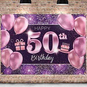 pakboom happy 50th birthday banner backdrop – 50 birthday party decorations supplies for women – pink purple gold 4 x 6ft