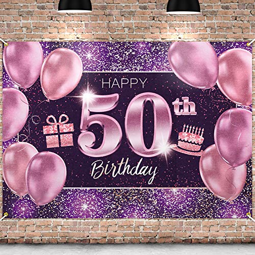 PAKBOOM Happy 50th Birthday Banner Backdrop - 50 Birthday Party Decorations Supplies for Women - Pink Purple Gold 4 x 6ft