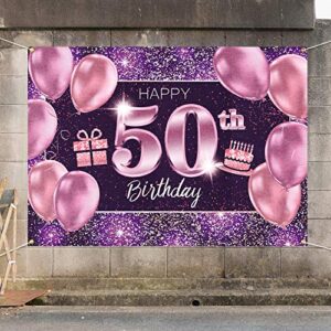 PAKBOOM Happy 50th Birthday Banner Backdrop - 50 Birthday Party Decorations Supplies for Women - Pink Purple Gold 4 x 6ft