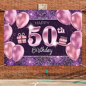 PAKBOOM Happy 50th Birthday Banner Backdrop - 50 Birthday Party Decorations Supplies for Women - Pink Purple Gold 4 x 6ft