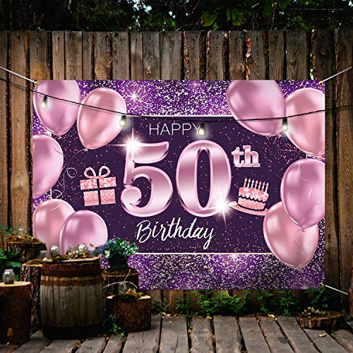 PAKBOOM Happy 50th Birthday Banner Backdrop - 50 Birthday Party Decorations Supplies for Women - Pink Purple Gold 4 x 6ft