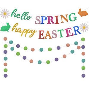 hello spring & happy easter banner, easter party decorations for the home, spring party banner decorations, happy easter bunny bunting garland easter decor,spring easter mantel fireplace hanging decor