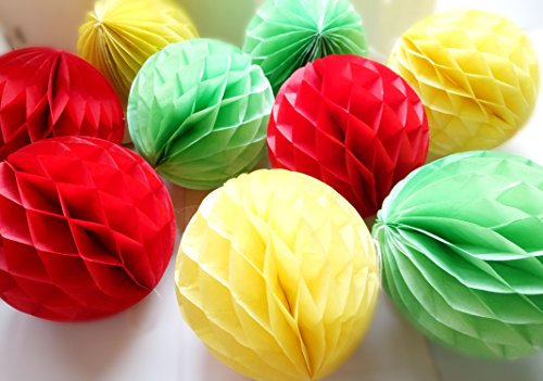 Daily Mall 9pcs 8 inch Honeycomb Balls Party Pom Poms Tissue Paper Honeycomb Balls Birthday Balls Decoration Wedding Partners Design Craft Hanging Pom-Pom Ball Home Nursery Decor (Red Yellow Green)