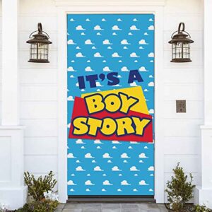 zdx it’s a boy story door banner 72.8×35.4in blue sky white clouds kids baby shower decor background banner