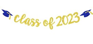class of 2023 banner – 2023 graduation banner, congrats grad, high school/college/university graduation party decorations, gold and blue glitter