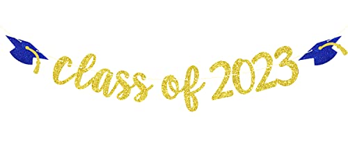 Class of 2023 Banner - 2023 Graduation Banner, Congrats Grad, High School/College/University Graduation Party Decorations, Gold and Blue Glitter