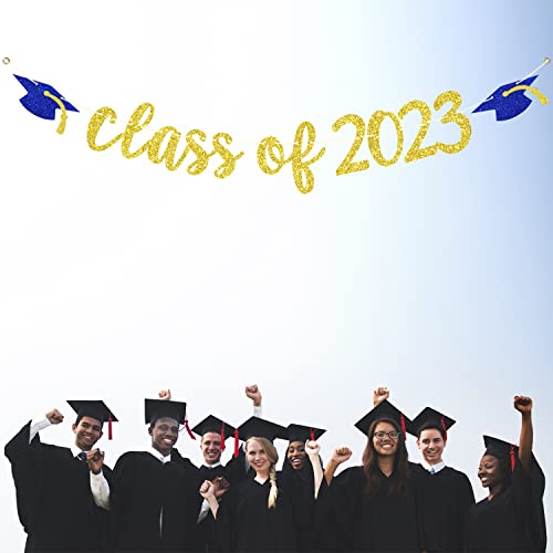 Class of 2023 Banner - 2023 Graduation Banner, Congrats Grad, High School/College/University Graduation Party Decorations, Gold and Blue Glitter